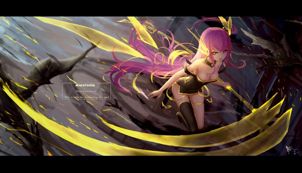 Anime picture 1500x860 with original pixiv fantasia pixiv fantasia t wangchuan de quanyan single looking at viewer fringe breasts open mouth light erotic wide image bare shoulders holding brown eyes signed pink hair cleavage bent knee (knees) very long hair multicolored hair