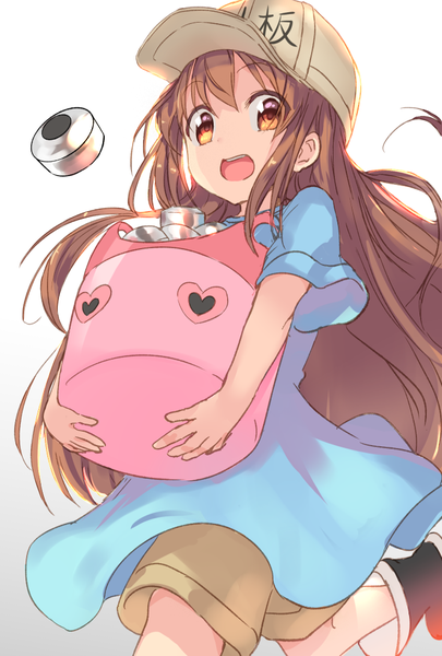 Anime-Bild 689x1020 mit hataraku saibou david production platelet (hataraku saibou) nishin (nsn 0822) single long hair tall image looking at viewer fringe open mouth simple background hair between eyes brown hair brown eyes from below gradient background running girl shorts baseball cap