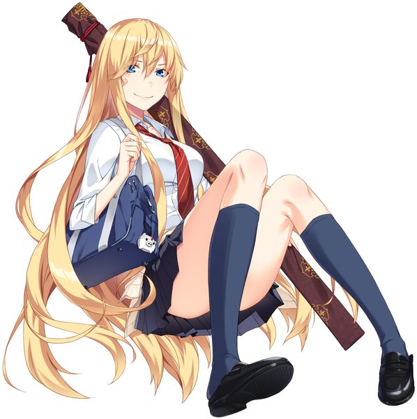 Anime picture 1614x1620 with original kimura (ykimu) single long hair tall image looking at viewer fringe blue eyes light erotic simple background blonde hair smile hair between eyes white background full body bent knee (knees) pleated skirt thighs convenient leg bandaid on face