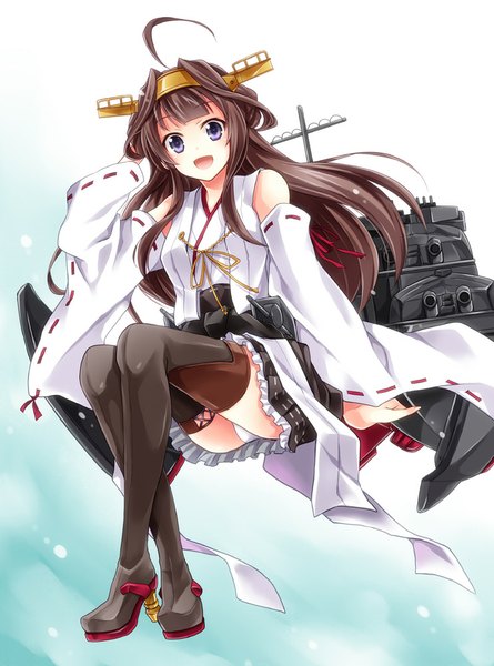Anime picture 742x1000 with kantai collection kongou battleship kubyou azami single long hair tall image looking at viewer open mouth light erotic brown hair purple eyes full body ahoge pantyshot sitting nontraditional miko girl hair ornament weapon detached sleeves
