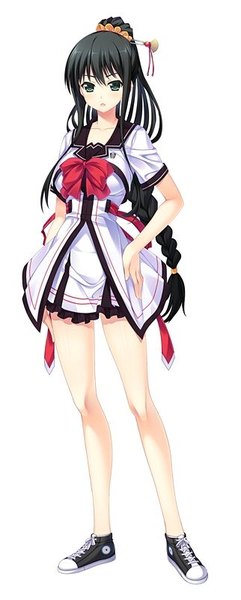 Anime picture 322x800 with lovesick puppies converse himesato isami sankuro single long hair tall image blush open mouth black hair simple background standing white background green eyes full body ponytail braid (braids) hand on hip single braid girl