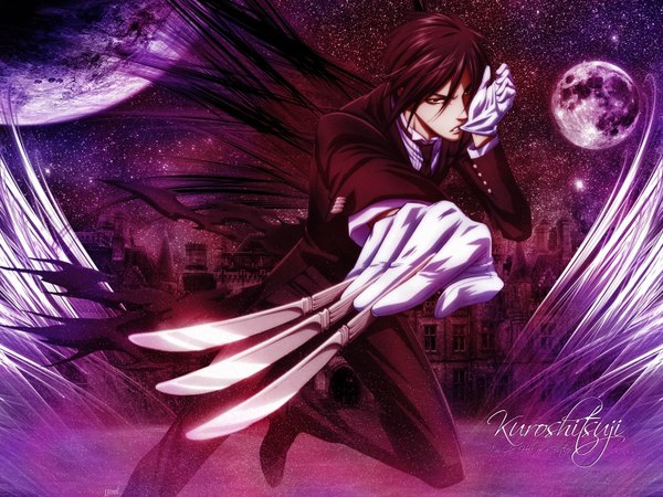 Anime picture 1600x1200 with kuroshitsuji a-1 pictures sebastian michaelis single looking at viewer short hair black hair black eyes boy gloves moon star (stars) suit knife planet castle