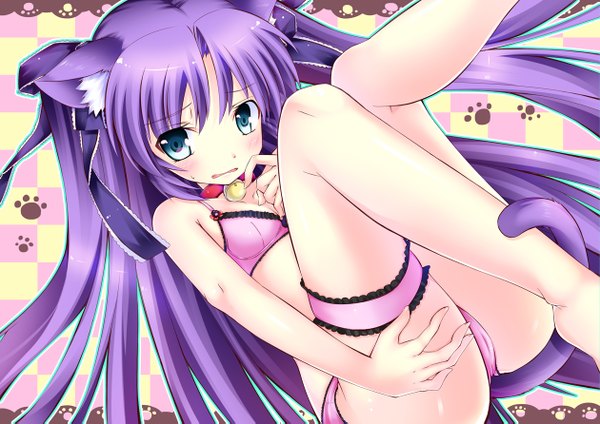 Anime picture 1260x891 with little busters! key (studio) sasasegawa sasami inumine aya long hair blush blue eyes light erotic animal ears purple hair cat ears cat girl cat tail two side up legs underwear only girl underwear panties ribbon (ribbons)