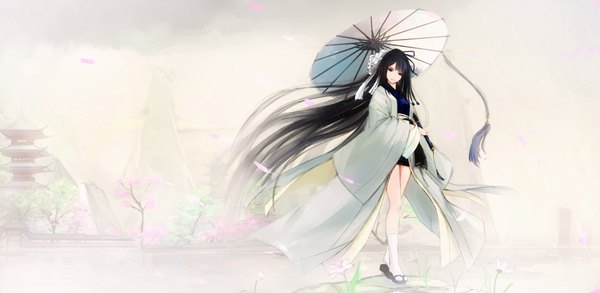 Anime picture 2000x978 with original kikivi single long hair looking at viewer highres black hair wide image traditional clothes japanese clothes black eyes girl socks kimono umbrella white socks oriental umbrella