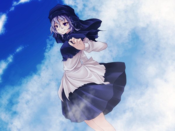イラスト 1600x1200 と 東方 雲居一輪 s-syogo ソロ 短い髪 笑顔 紫目 青い髪 cloud (clouds) 女の子 ドレス フード