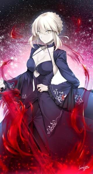 Anime picture 627x1175 with fate (series) fate/stay night artoria pendragon (all) saber alter sasakuma kyouta single tall image looking at viewer fringe short hair breasts light erotic blonde hair hair between eyes standing holding brown eyes signed cleavage braid (braids)