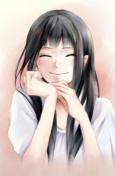 Anime picture 1500x2290 with kimi ni todoke production i.g kuronuma sawako anju (artist) single long hair tall image blush fringe black hair simple background smile upper body blunt bangs eyes closed arm support portrait ^ ^ girl