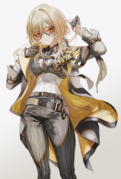 Anime picture 2100x3100 with genshin impact lumine (genshin impact) pottsness single long hair tall image looking at viewer fringe highres breasts simple background blonde hair hair between eyes large breasts standing signed yellow eyes long sleeves head tilt arms up