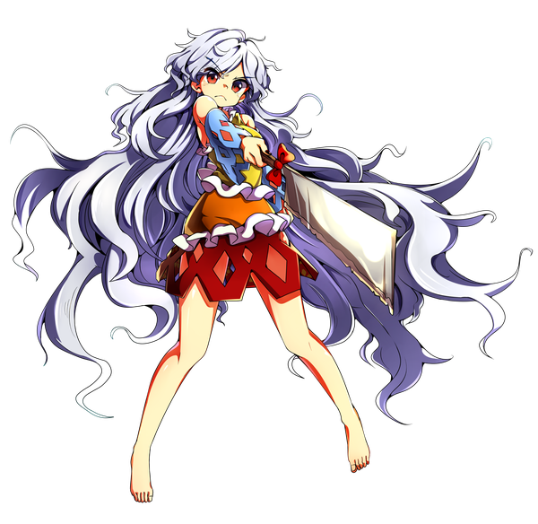 Anime picture 2161x2104 with touhou sakata nemuno baba (baba seimaijo) single looking at viewer highres red eyes standing silver hair full body very long hair barefoot transparent background serious girl dress weapon oriental hatchet