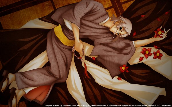Anime picture 1920x1200 with shiki muroi seishin highres short hair wide image white hair lying traditional clothes japanese clothes black eyes boy flower (flowers) glasses