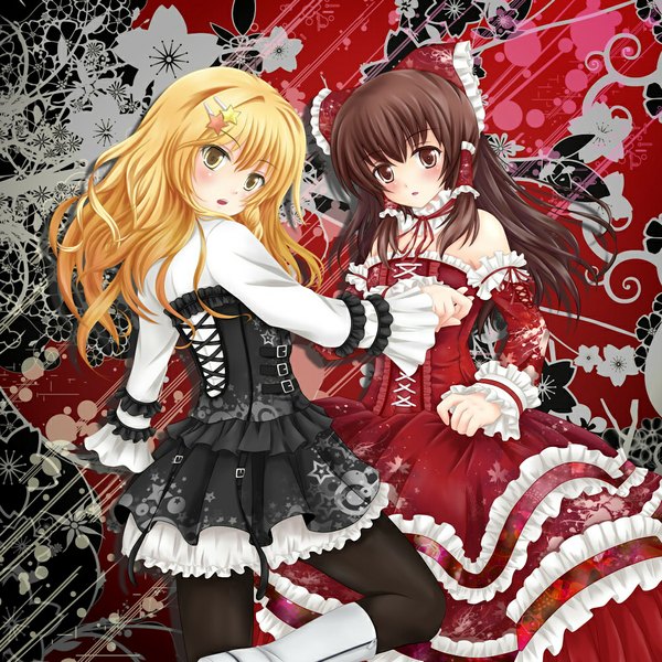 Anime picture 1024x1024 with touhou hakurei reimu kirisame marisa nekokotei long hair blonde hair brown hair bare shoulders multiple girls brown eyes yellow eyes looking back girl dress hair ornament bow 2 girls hair bow detached sleeves pantyhose