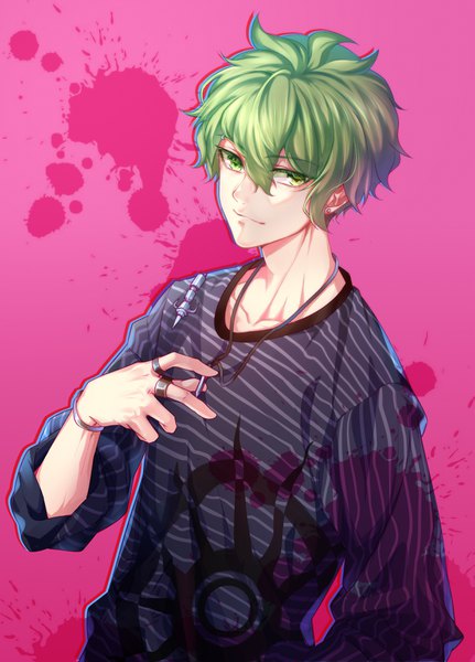 Anime picture 2477x3448 with dangan ronpa new danganronpa v3 amami rantarou shin (840573976) single tall image looking at viewer fringe highres short hair simple background hair between eyes holding green eyes upper body green hair light smile striped pink background boy