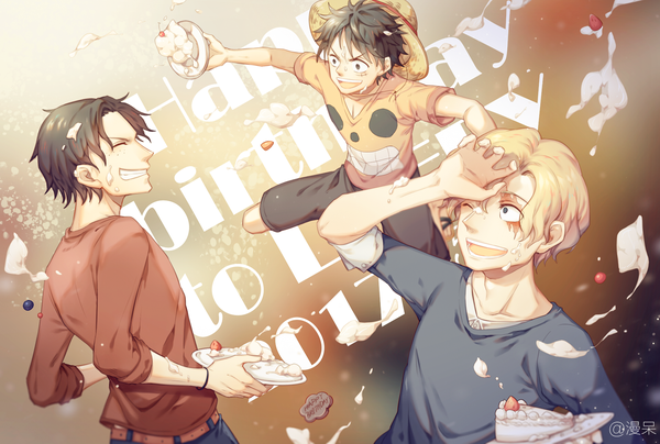 Anime picture 1782x1200 with one piece toei animation monkey d. luffy portgas d. ace sabo (one piece) fish mandai fringe highres short hair open mouth black hair blonde hair smile hair between eyes holding signed eyes closed :d profile one eye closed