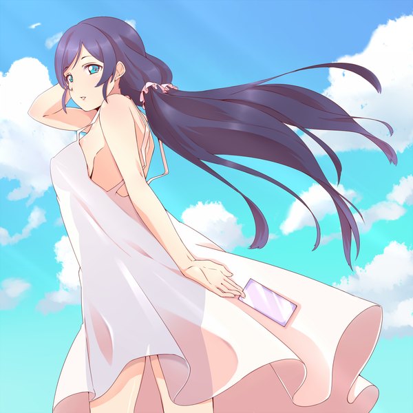Anime picture 1000x1000 with love live! school idol project sunrise (studio) love live! toujou nozomi muminnpapa single long hair looking at viewer blue eyes twintails bare shoulders sky purple hair cloud (clouds) sideboob low twintails girl dress white dress