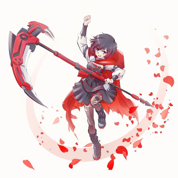 Anime picture 1900x1900 with rwby rooster teeth ruby rose iesupa single blush highres short hair black hair white background red hair grey eyes looking down gradient hair girl thighhighs dress flower (flowers) weapon petals