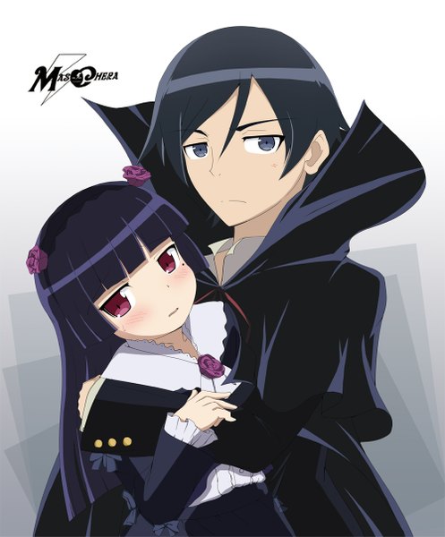 Anime picture 1000x1205 with ore no imouto ga konna ni kawaii wake ga nai gokou ruri kousaka kyousuke takamin apaman long hair tall image blush short hair black hair purple eyes black eyes couple girl dress boy hairband