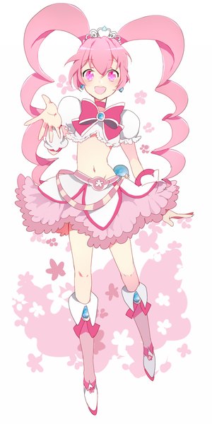 Anime picture 600x1200 with six hearts princess pink princess hani haruka mang single long hair tall image looking at viewer blush open mouth simple background white background twintails pink hair pink eyes drill hair girl navel earrings knee boots