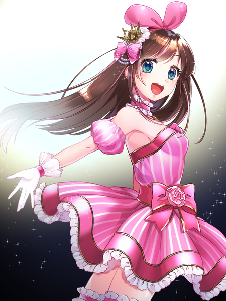 Anime-Bild 1200x1600 mit virtual youtuber a.i. channel kizuna ai hitsuji kumo single long hair tall image blush fringe breasts open mouth blue eyes simple background smile brown hair standing payot :d wind armpit (armpits)