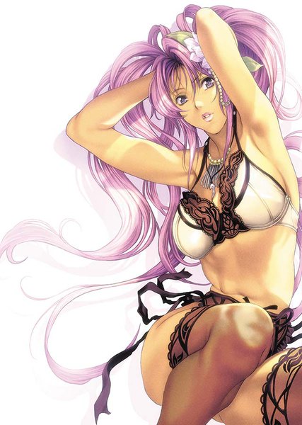 Anime picture 640x900 with original homare (fool's art) single long hair tall image fringe breasts light erotic large breasts white background purple eyes bare shoulders purple hair bent knee (knees) arm up hair flower lips armpit (armpits) underwear only lipstick