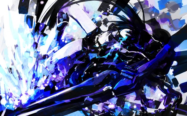 Anime picture 1920x1200 with black rock shooter black rock shooter (character) tone g (artist) long hair highres blue eyes black hair wide image twintails glowing glowing eye (eyes) girl weapon shorts bikini top huge weapon