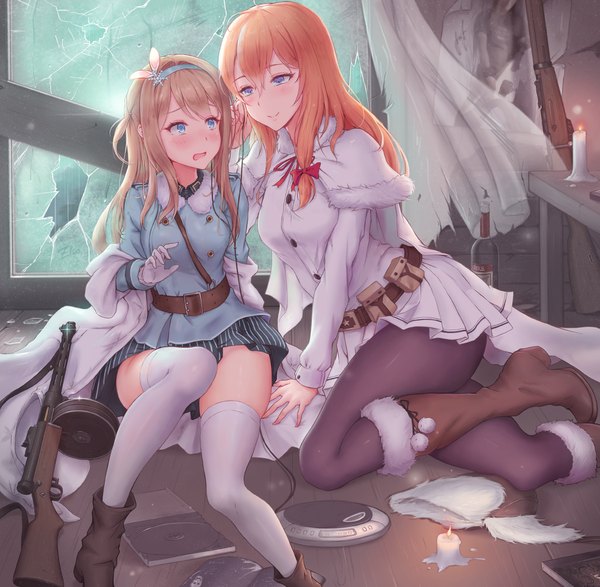 Anime picture 1329x1300 with girls frontline suomi kp31 (girls frontline) mosin-nagant (girls frontline) eliskalti long hair open mouth blue eyes blonde hair smile sitting multiple girls indoors long sleeves orange hair surprised convenient leg broken broken glass girl thighhighs