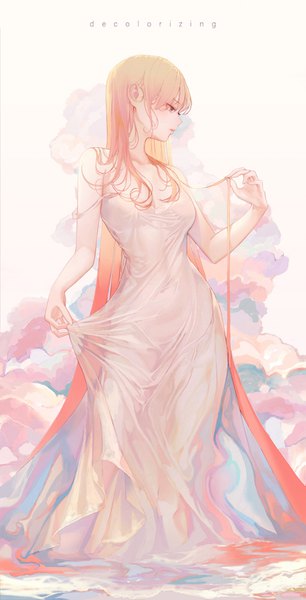Anime picture 767x1500 with original seol single tall image blush fringe breasts simple background hair between eyes standing payot looking away cleavage very long hair profile orange hair inscription grey eyes strap slip hair over shoulder
