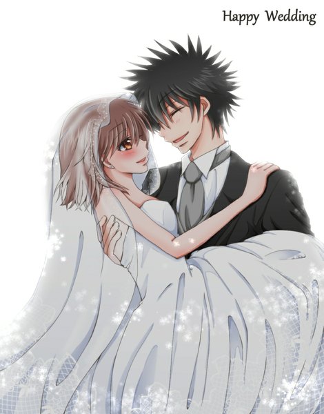 Anime picture 840x1072 with to aru kagaku no railgun to aru majutsu no index j.c. staff misaka mikoto kamijou touma hiro (hirohiro31) tall image blush short hair black hair smile brown hair brown eyes eyes closed couple wedding girl dress boy wedding dress