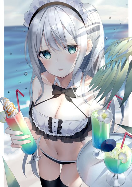 Anime picture 2895x4096 with original zukan (db tyoutyo) single long hair tall image looking at viewer blush fringe highres breasts open mouth light erotic large breasts standing holding green eyes payot cleavage silver hair outdoors