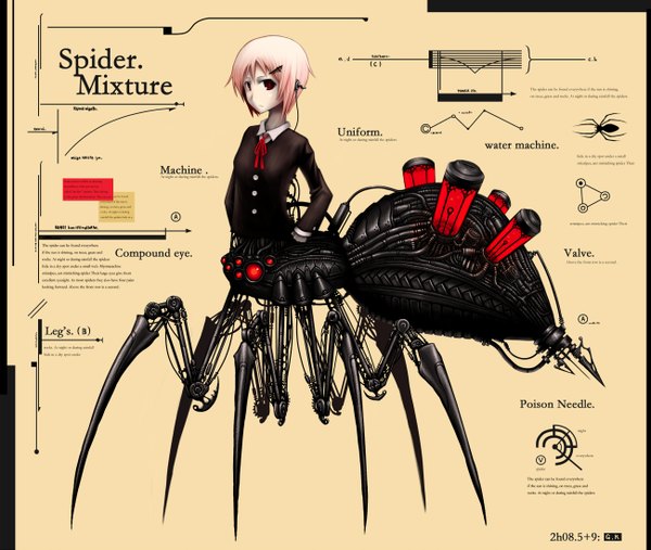 Anime picture 1300x1100 with original gia single short hair red eyes pink hair inscription mechanical mecha musume mechanical parts girl hair ornament hairclip headphones spider
