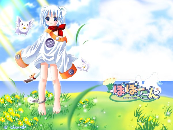 Anime picture 1280x960 with popotan unagi watanabe akio single blush fringe short hair blue eyes animal ears sky cloud (clouds) outdoors white hair tail animal tail barefoot light smile inscription wide sleeves bare legs