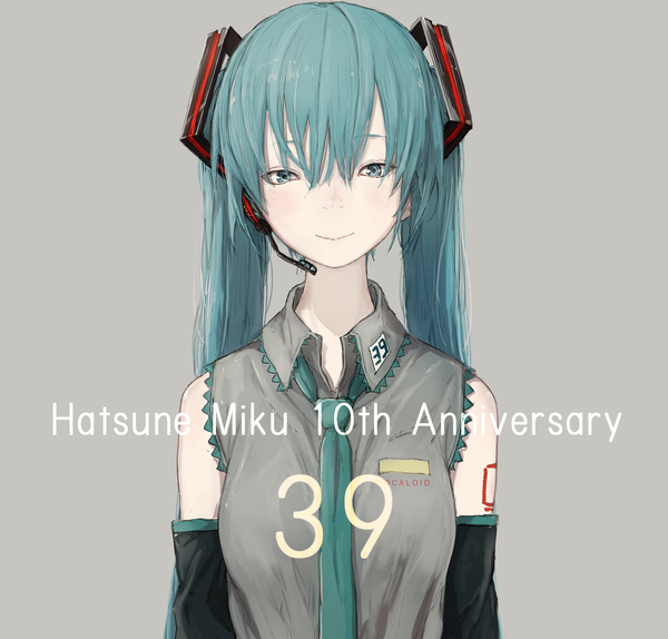 Anime picture 2370x2269 with vocaloid hatsune miku yushika single long hair looking at viewer fringe highres simple background hair between eyes twintails upper body aqua eyes light smile aqua hair grey background character names anniversary 39 girl