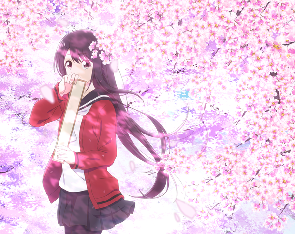 Anime picture 1200x950 with senryuu shoujo yukishiro nanako hashimoto maki single long hair looking at viewer blush fringe black hair standing holding brown eyes outdoors long sleeves pleated skirt wind open clothes official art cherry blossoms covered mouth