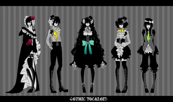 Anime picture 1683x1000 with vocaloid hatsune miku kagamine rin kagamine len gumi meiko long hair short hair black hair simple background wide image group lacing gothic girl bow boots