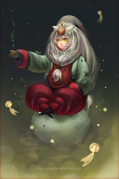 Anime picture 2060x3095 with league of legends bard (league of legends) songjikyo single long hair tall image fringe highres sitting yellow eyes grey hair inscription crossed legs outstretched arm indian style boy clothes