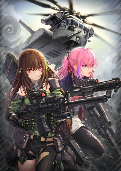 Anime picture 1448x2048 with girls frontline m4a1 (girls frontline) st ar-15 (girls frontline) baek hyang long hair tall image blush fringe open mouth blue eyes hair between eyes brown hair bare shoulders multiple girls holding brown eyes looking away pink hair multicolored hair two-tone hair