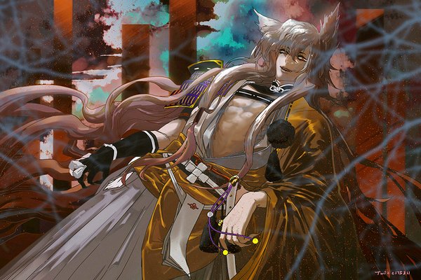 Anime picture 1000x667 with touken ranbu nitroplus kogitsunemaru miyama (c175311) single fringe hair between eyes red eyes animal ears silver hair very long hair traditional clothes japanese clothes boy armor tassel pom pom (clothes)