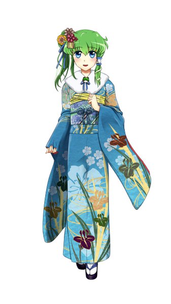 Anime picture 2988x5312 with touhou kochiya sanae kin-kun single long hair tall image looking at viewer fringe highres open mouth blue eyes simple background smile hair between eyes standing white background full body traditional clothes japanese clothes green hair