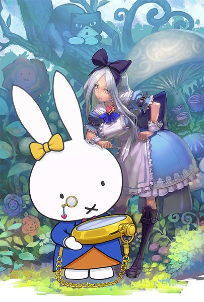 Anime picture 675x1000 with alice in wonderland miffy alice (wonderland) aro (charged time out) long hair tall image red eyes grey hair hand on hip crossover :x girl flower (flowers) bow ribbon (ribbons) plant (plants) hair bow animal boots frills