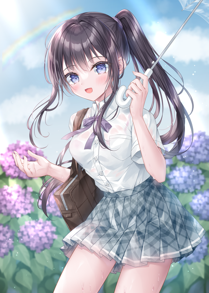 Anime picture 1000x1403 with original kohinata hoshimi single long hair tall image blush open mouth blue eyes black hair payot sky outdoors ponytail :d pleated skirt short sleeves girl skirt uniform flower (flowers)