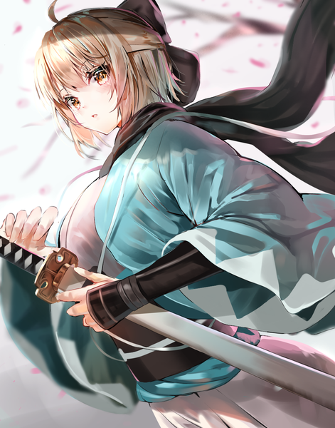 Anime picture 1028x1308 with fate (series) fate/grand order okita souji (fate) (all) okita souji (koha-ace) kinoruru toiro single tall image looking at viewer blush fringe short hair breasts open mouth simple background blonde hair hair between eyes holding yellow eyes upper body ahoge