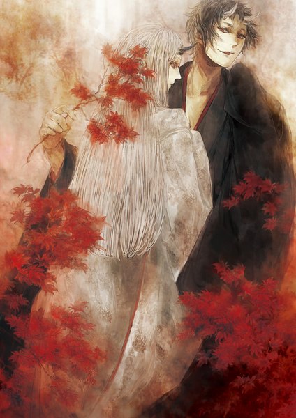 Anime picture 707x1000 with original irodori16 long hair tall image looking at viewer short hair black hair smile red eyes traditional clothes japanese clothes profile horn (horns) grey hair oni horns hands in sleeves girl boy plant (plants) tree (trees)