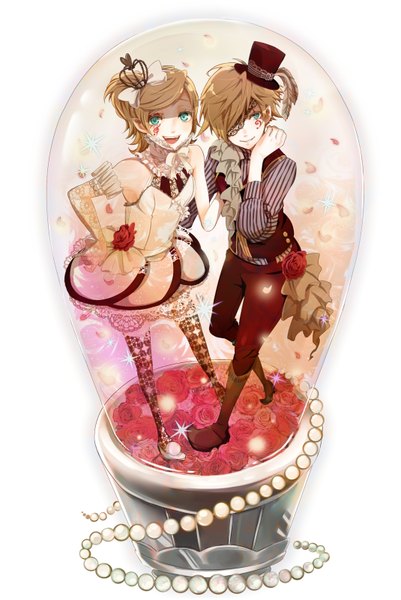 Anime picture 1070x1600 with vocaloid kagamine rin kagamine len rouki isago (artist) tall image short hair blonde hair smile indoors aqua eyes tattoo couple girl thighhighs dress boy gloves flower (flowers) bow ribbon (ribbons)