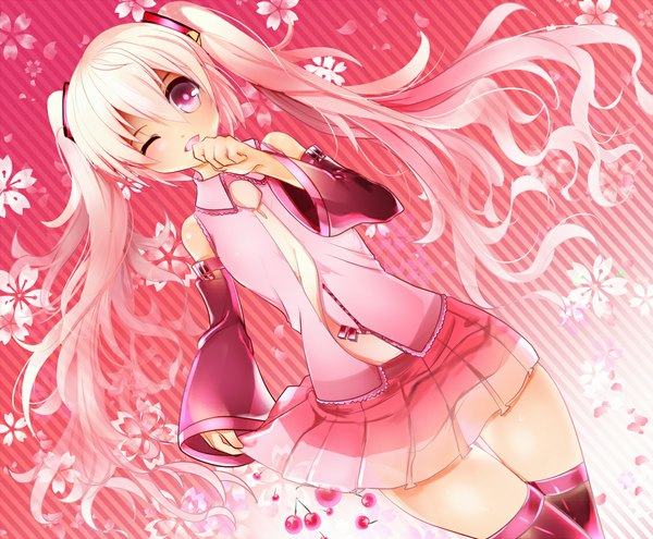 Anime picture 1130x934 with vocaloid hatsune miku sakura miku aaru single looking at viewer blush open mouth twintails bare shoulders pink hair very long hair one eye closed pink eyes wink girl thighhighs skirt hair ornament black thighhighs