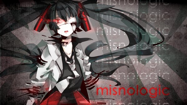 Anime picture 1280x720 with vocaloid hatsune miku shidu single long hair open mouth red eyes wide image twintails green hair inscription glowing glowing eye (eyes) open collar girl hair ornament shirt necktie headphones blood