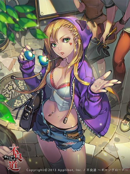 Anime picture 720x960 with furyou michi ~gang road~ lightbreeze long hair tall image breasts open mouth light erotic blonde hair standing green eyes nail polish fingernails from above sunlight open clothes open jacket official art bare belly tattoo piercing