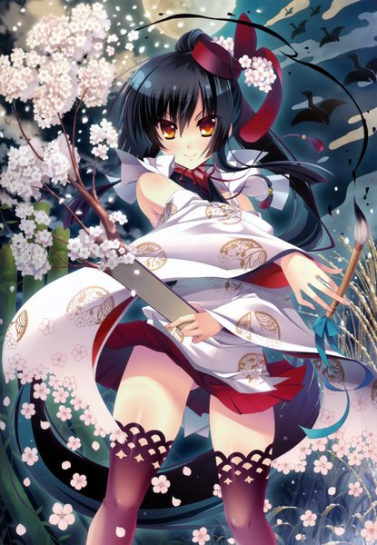 Anime picture 4400x6354 with katagiri hinata single tall image looking at viewer blush highres light erotic black hair smile brown eyes absurdres ponytail very long hair traditional clothes japanese clothes scan girl thighhighs flower (flowers) black thighhighs