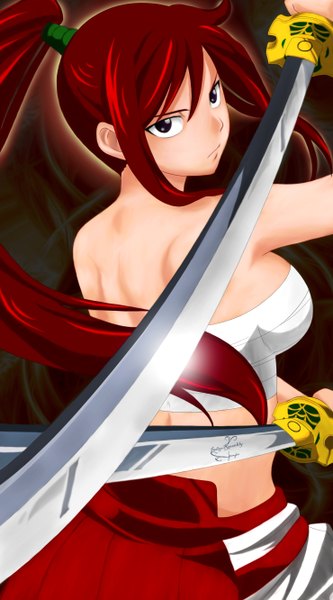 Anime picture 1480x2664 with fairy tail erza scarlet indigoravenlily single long hair tall image bare shoulders holding ponytail red hair looking back black eyes coloring dual wielding girl weapon sword katana bandage (bandages)