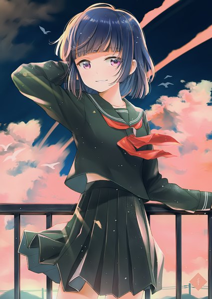 Anime picture 2832x4000 with original gobou 1000 single tall image looking at viewer highres short hair purple eyes blue hair sky cloud (clouds) light smile wind scan girl skirt uniform animal serafuku bird (birds)