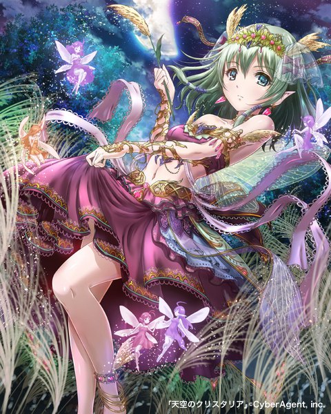 Anime picture 800x1000 with tenkuu no crystalia sakiyamama long hair tall image looking at viewer blush fringe hair between eyes standing bare shoulders multiple girls holding green eyes payot cloud (clouds) outdoors green hair light smile wind pointy ears