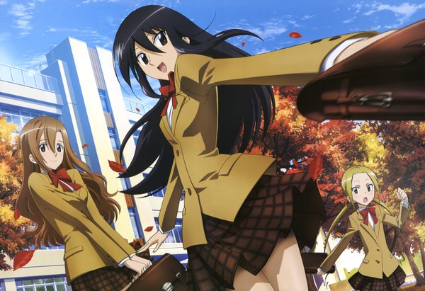 Anime picture 5968x4093 with seitokai yakuindomo nyantype hagimura suzu amakusa shino shichijou aria furuta makoto highres black hair blonde hair brown hair multiple girls absurdres official art autumn girl plant (plants) tree (trees) serafuku leaf (leaves) building (buildings)